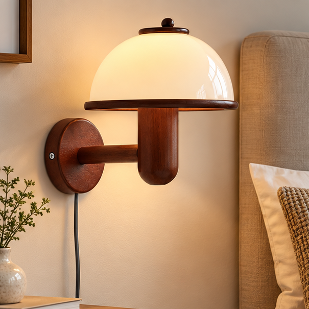 RoyaleGlow Wooden Mushroom Wall Lamp - Modern Plug In Sconce Light