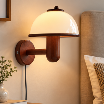 RoyaleGlow Wooden Mushroom Wall Lamp - Modern Plug In Sconce Light