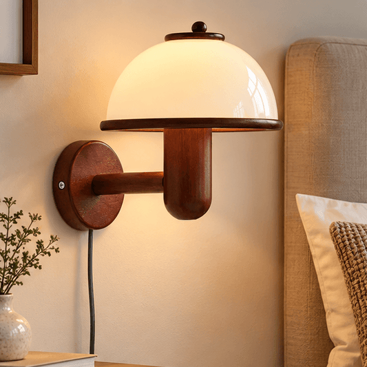 RoyaleGlow Wooden Mushroom Wall Lamp - Modern Plug In Sconce Light - Royale Basic
