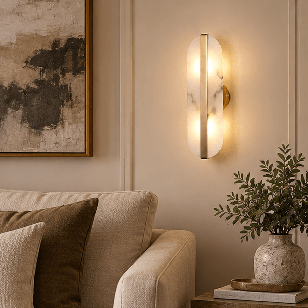 Royelux Modern Alabaster Wall Sconce - Long Ellipse Double Lamp Fixture - Royale Basic