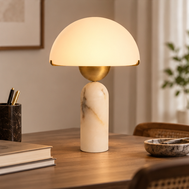 RoyaleGlow Alabaster Mushroom Table Lamp - Modern Natural Stone Bedside Light