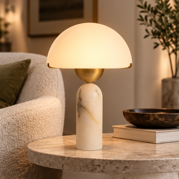 RoyaleGlow Alabaster Mushroom Table Lamp - Modern Natural Stone Bedside Light