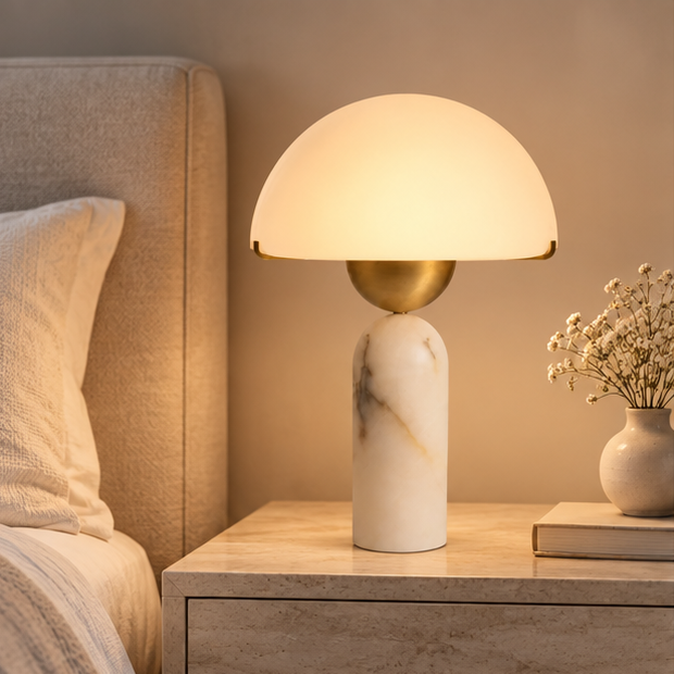RoyaleGlow Alabaster Mushroom Table Lamp - Modern Natural Stone Bedside Light