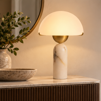RoyaleGlow Alabaster Mushroom Table Lamp - Modern Natural Stone Bedside Light