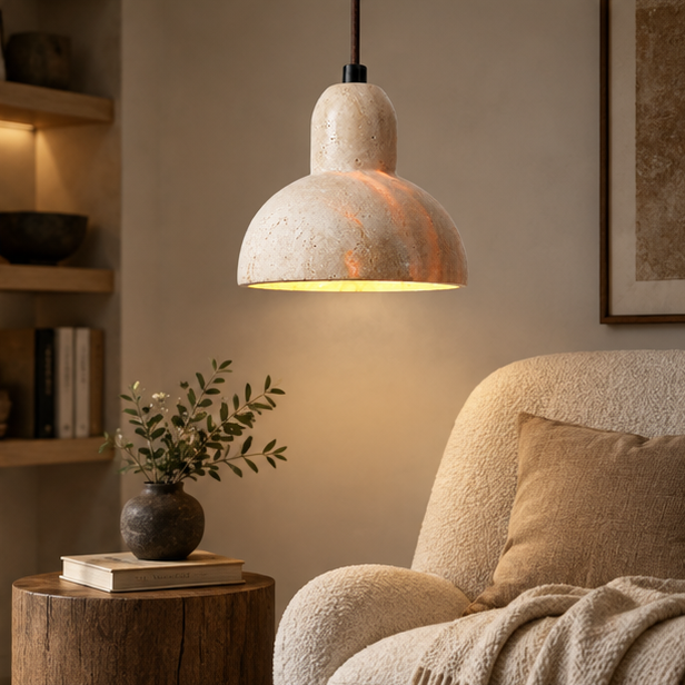 RoyaleGlow Natural Stone Travertine Dome Pendant Light - Creative Art Hanging Lamp