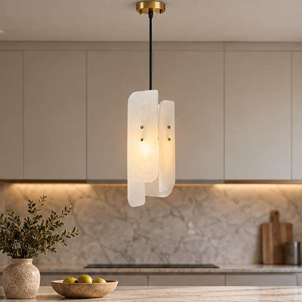 RoyaleGlow Modern Alabaster Pendant Light - Brass Hanging Lamp for Dining, Kitchen, Bedroom