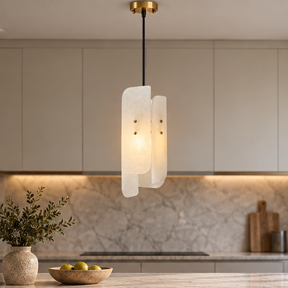 RoyaleGlow Modern Alabaster Pendant Light - Brass Hanging Lamp for Dining, Kitchen, Bedroom