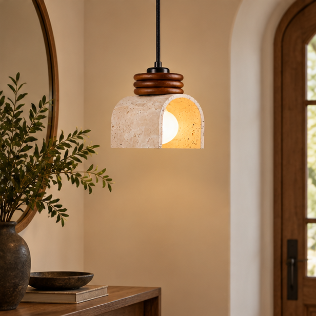RoyaleGlow Natural Stone Pendant Light With Wood Accents