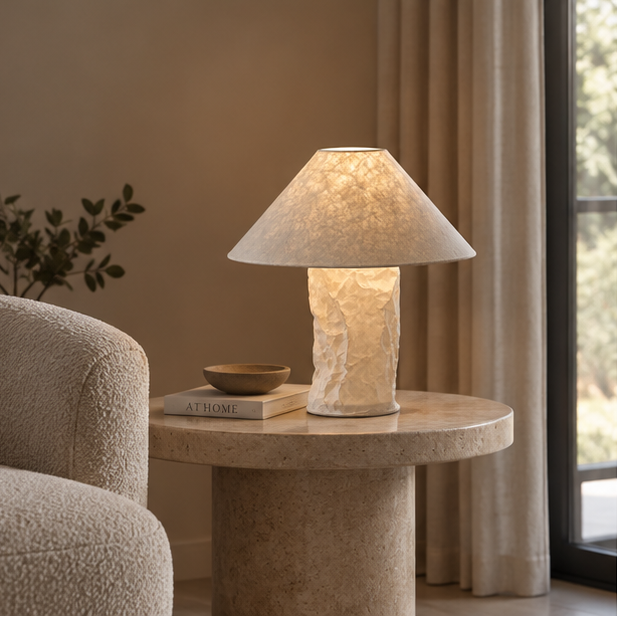 LuxRoyale Minimalist Textured Paper Shade Bedside Table Lamp - Creative Wabi Sabi Art Lamp