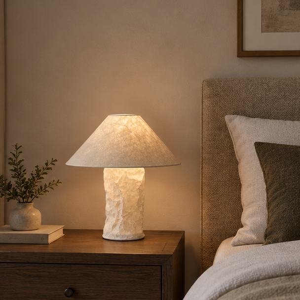 LuxRoyale Minimalist Textured Paper Shade Bedside Table Lamp - Creative Wabi Sabi Art Lamp