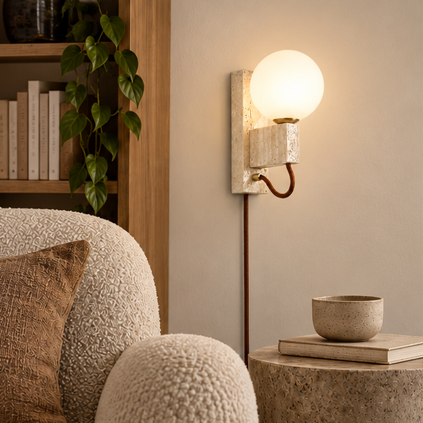 Royelux Natural Travertine Stone Globe Plug-In Wall Sconce Lighting Fixture