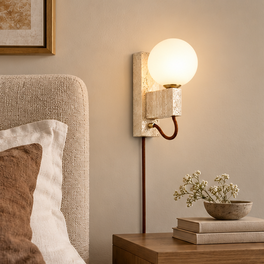 Royelux Natural Travertine Stone Globe Plug-In Wall Sconce Lighting Fixture