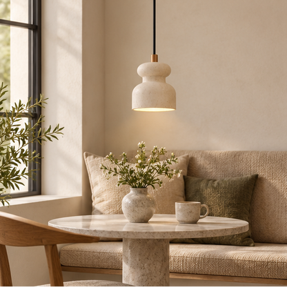 LuxRoyale Travertine Pendant Light - Natural Stone Ivory Wabi Sabi Hanging Lamp