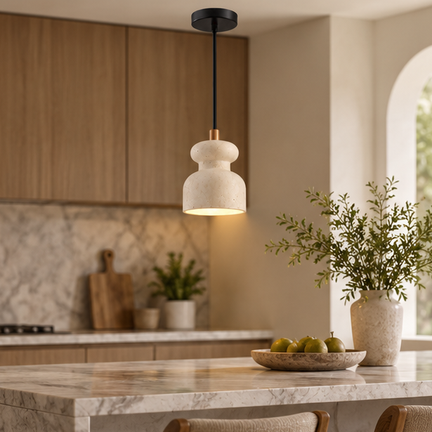 LuxRoyale Travertine Pendant Light - Natural Stone Ivory Wabi Sabi Hanging Lamp