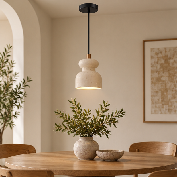 LuxRoyale Travertine Pendant Light - Natural Stone Ivory Wabi Sabi Hanging Lamp