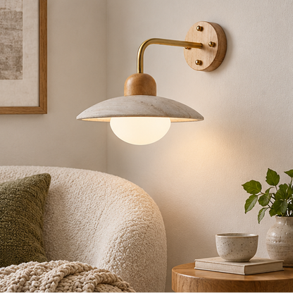 LuxRoyale Travertine Swing Arm Wall Lamp With Brass And Wood Accent