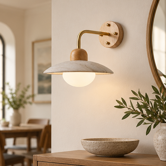 LuxRoyale Travertine Swing Arm Wall Lamp With Brass And Wood Accent