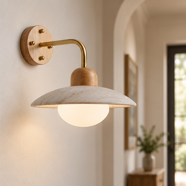 LuxRoyale Travertine Swing Arm Wall Lamp With Brass And Wood Accent