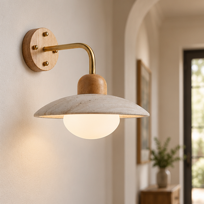 LuxRoyale Travertine Swing Arm Wall Lamp With Brass And Wood Accent