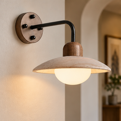 LuxRoyale Travertine Swing Arm Wall Lamp With Brass And Wood Accent