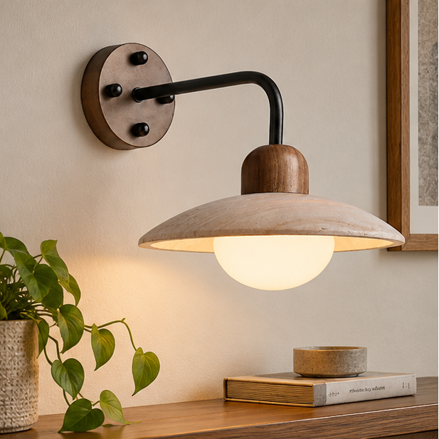 LuxRoyale Travertine Swing Arm Wall Lamp With Brass And Wood Accent
