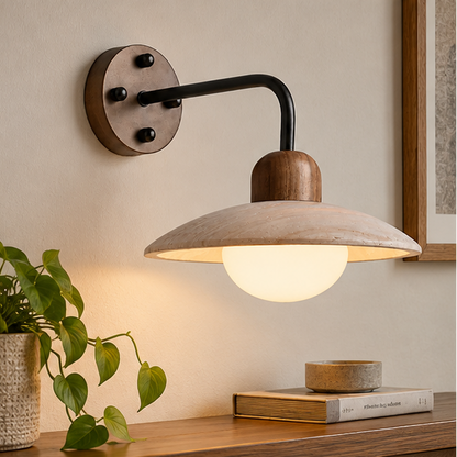 LuxRoyale Travertine Swing Arm Wall Lamp With Brass And Wood Accent