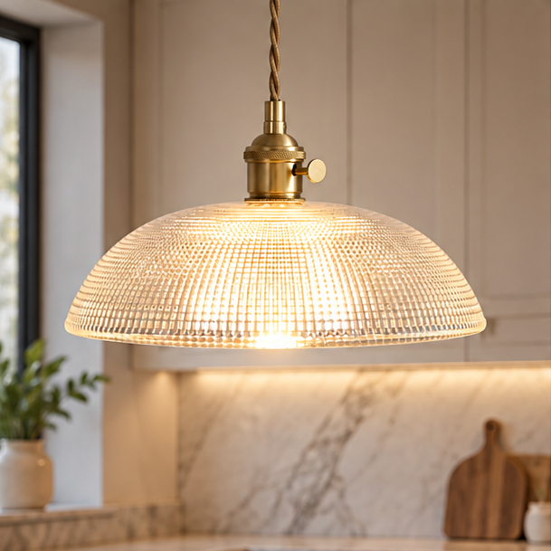 RoyaleGlow Clear Glass Pendant Light - Textured Dome Hanging Lamp for Kitchen, Dining
