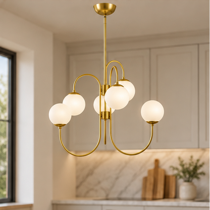 Royelux Modern Curved Arm Globe Chandelier - Frosted Glass Multi-Bulb Light Fixture