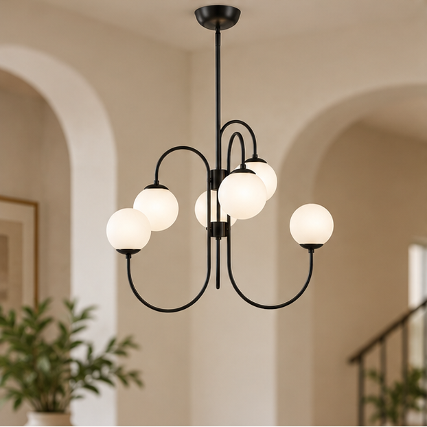Royelux Modern Curved Arm Globe Chandelier - Frosted Glass Multi-Bulb Light Fixture