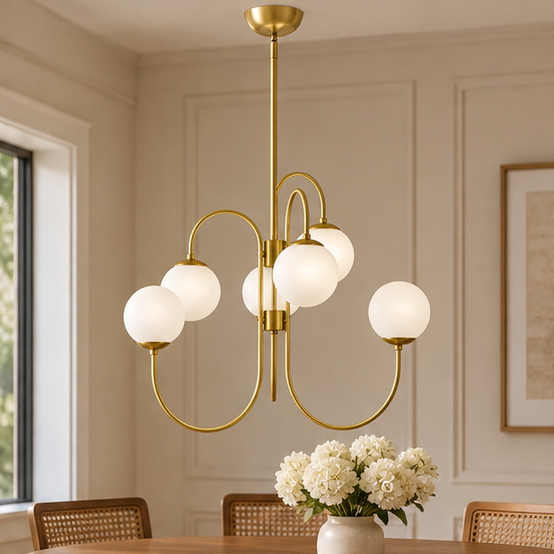 Royelux Modern Curved Arm Globe Chandelier - Frosted Glass Multi-Bulb Light Fixture
