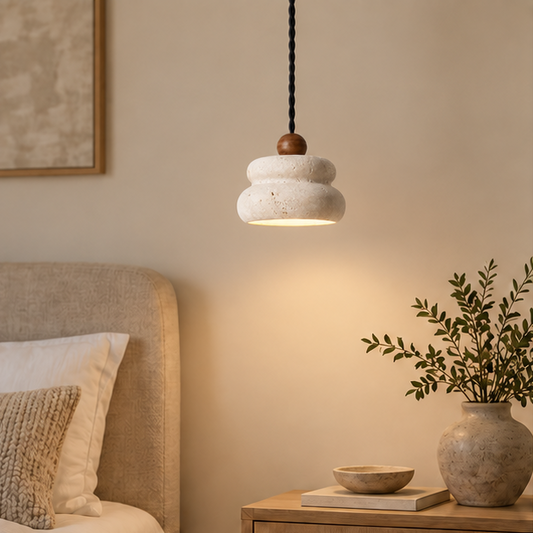 RoyaleGlow Travertine Stone And Wood Pendant Light For Kitchen Island
