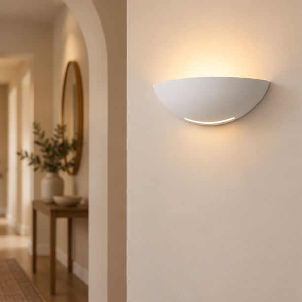 RoyaleGlow Modern Half Moon Plaster Wall Lamp - Indirect Indoor Light Sconce