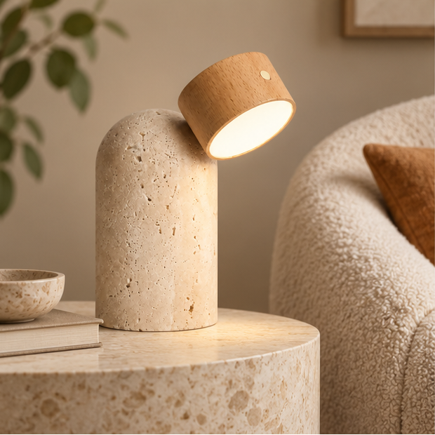 RoyaleGlow Natural Travertine Stone And Wood Table Lamp For Modern Bedside Decor