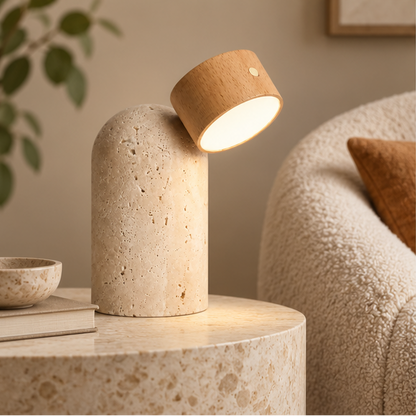 RoyaleGlow Natural Travertine Stone And Wood Table Lamp For Modern Bedside Decor