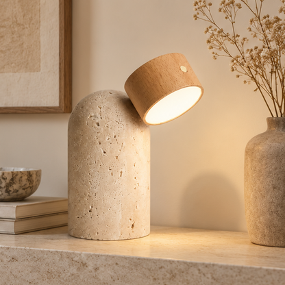 RoyaleGlow Natural Travertine Stone And Wood Table Lamp For Modern Bedside Decor