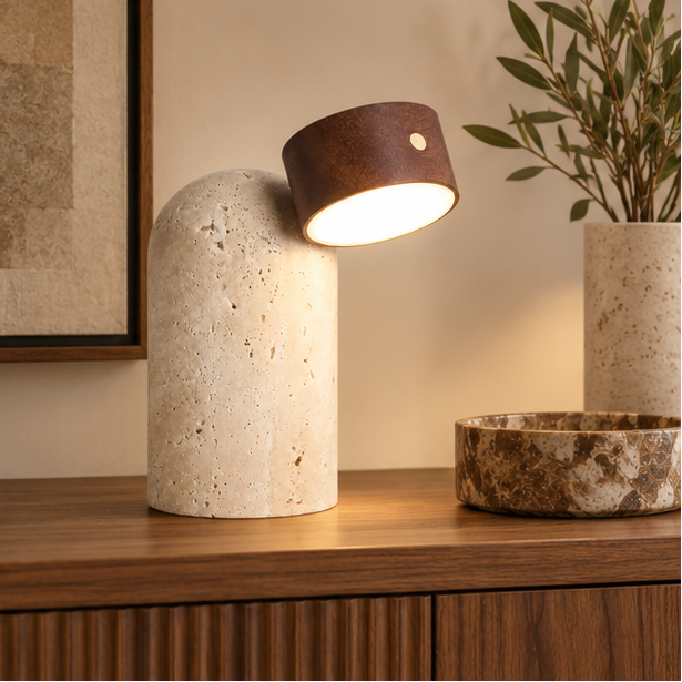 RoyaleGlow Natural Travertine Stone And Wood Table Lamp For Modern Bedside Decor