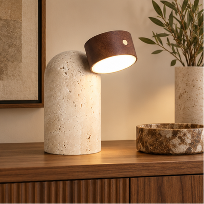 RoyaleGlow Natural Travertine Stone And Wood Table Lamp For Modern Bedside Decor