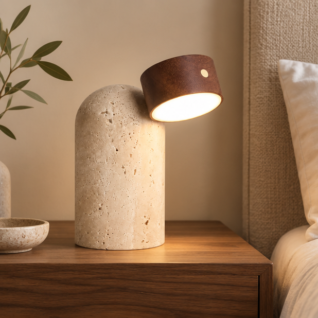 RoyaleGlow Natural Travertine Stone And Wood Table Lamp For Modern Bedside Decor