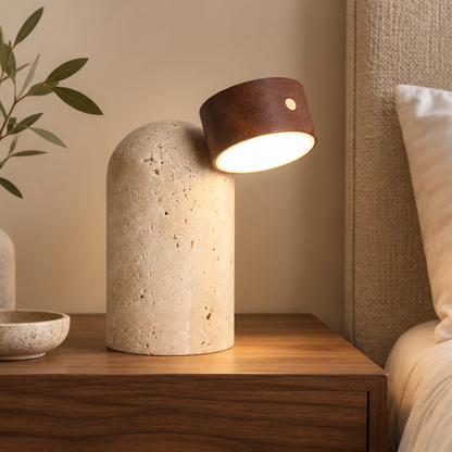 RoyaleGlow Natural Travertine Stone And Wood Table Lamp For Modern Bedside Decor