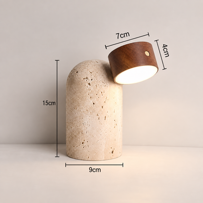 RoyaleGlow Natural Travertine Stone And Wood Table Lamp For Modern Bedside Decor