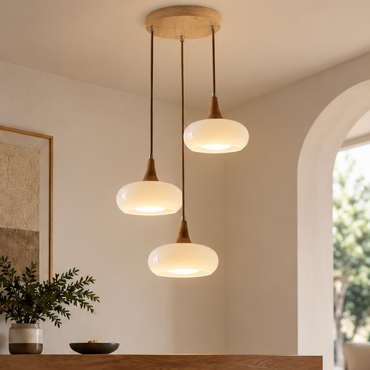 LuxRoyale Three Headed Wooden Disc Pendant Chandelier