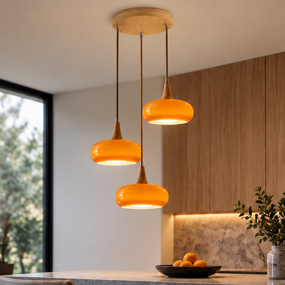 LuxRoyale Three Headed Wooden Disc Pendant Chandelier