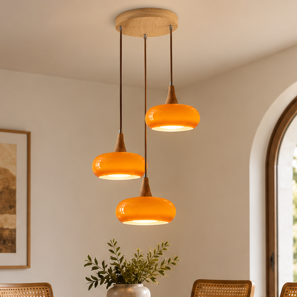 LuxRoyale Three Headed Wooden Disc Pendant Chandelier