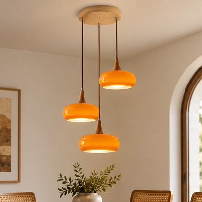 LuxRoyale Three Headed Wooden Disc Pendant Chandelier