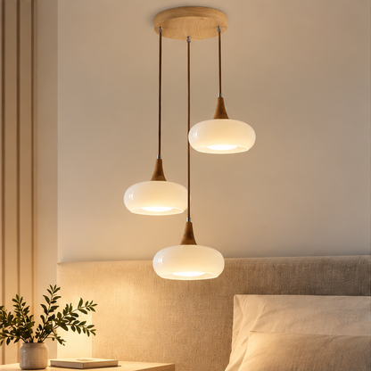 LuxRoyale Three Headed Wooden Disc Pendant Chandelier