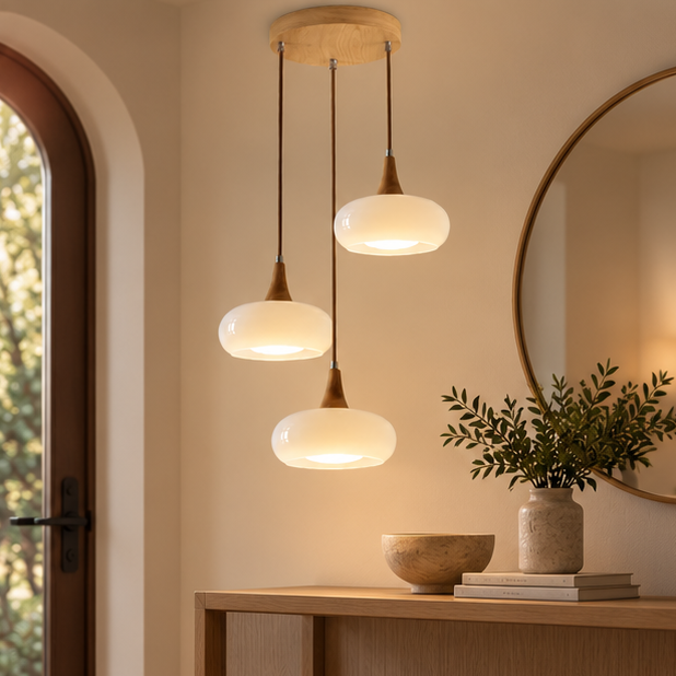 LuxRoyale Three Headed Wooden Disc Pendant Chandelier