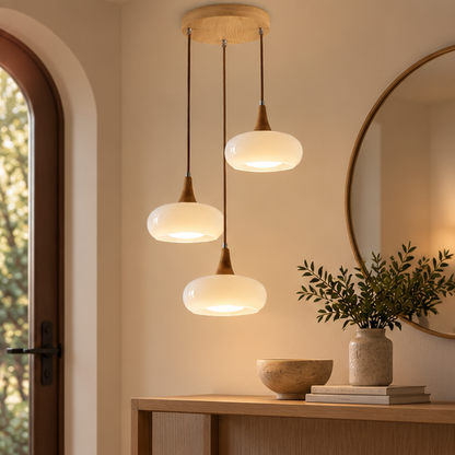 LuxRoyale Three Headed Wooden Disc Pendant Chandelier