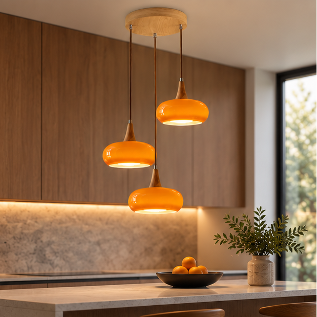 LuxRoyale Three Headed Wooden Disc Pendant Chandelier
