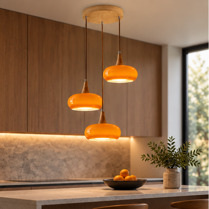 LuxRoyale Three Headed Wooden Disc Pendant Chandelier