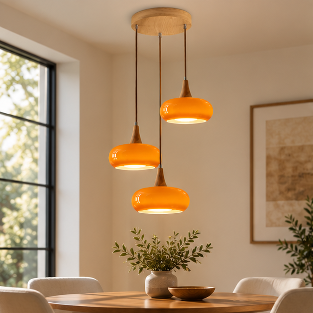 LuxRoyale Three Headed Wooden Disc Pendant Chandelier